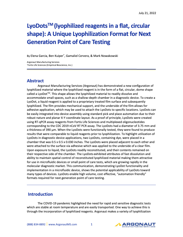 LyoDots a New Lyophilization Format for Next Generation Point of Care Testing